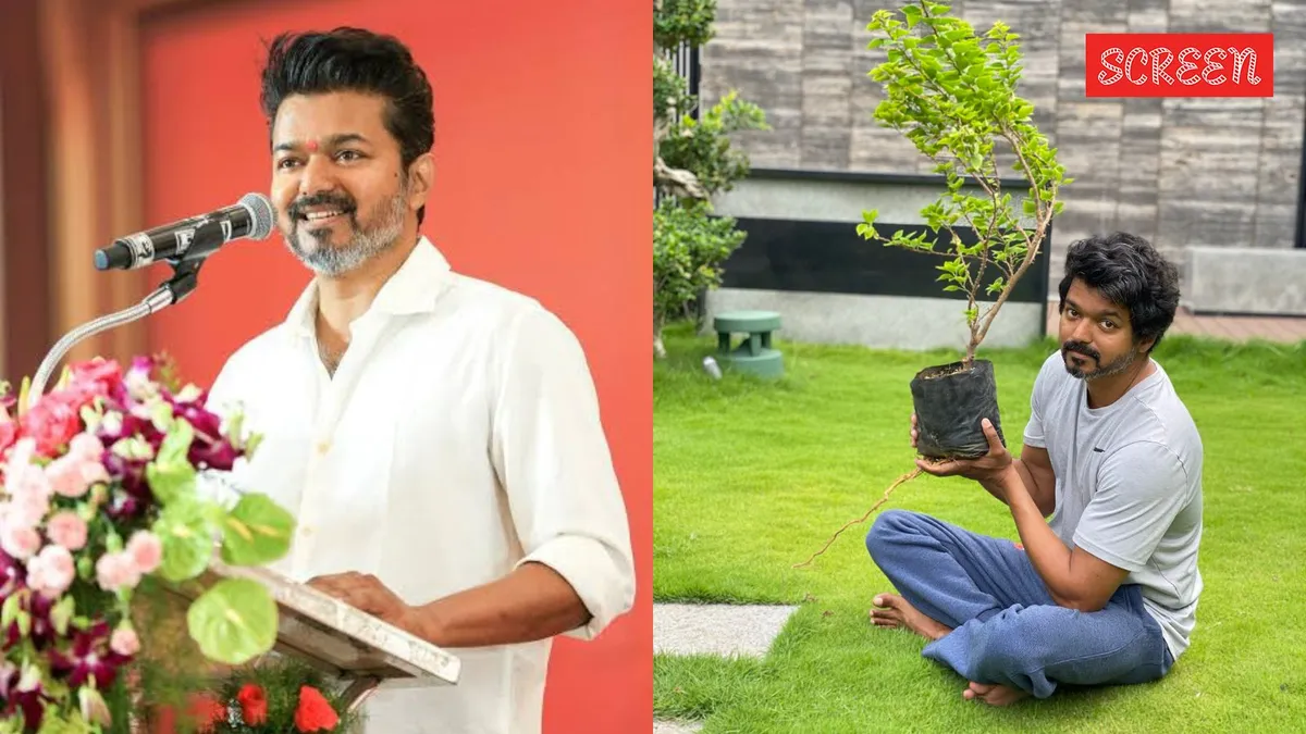 Thalapathy Vijay addressing a massive crowd at a TVK political rally in Chennai.