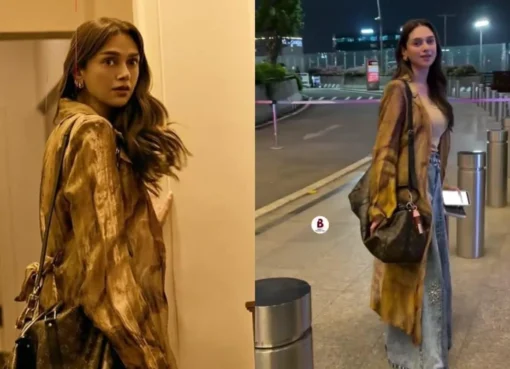 Aditi Rao Hydari smiling at the airport in a stylish outfit, ready for Cannes.