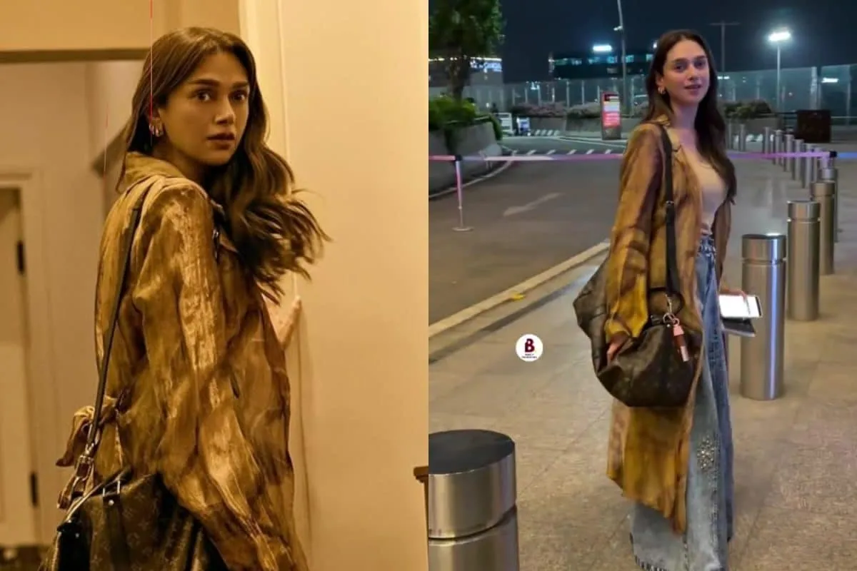 Aditi Rao Hydari smiling at the airport in a stylish outfit, ready for Cannes.