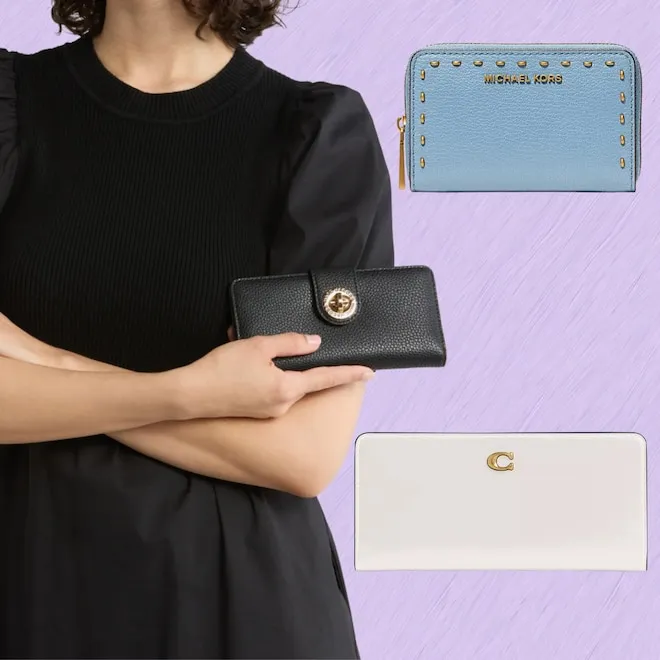 A variety of colorful leather wallets spread out on a clean white surface