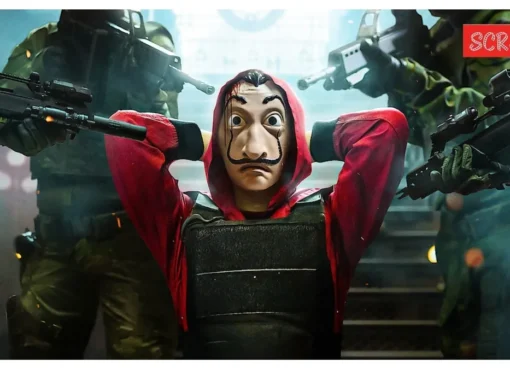 A group of people wearing red jumpsuits and Salvador Dalí masks, standing in formation, ready for a heist.