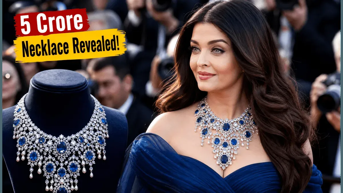 Aishwarya Rai Bachchan in a stunning blue gown with a sparkling necklace at Cannes 2026