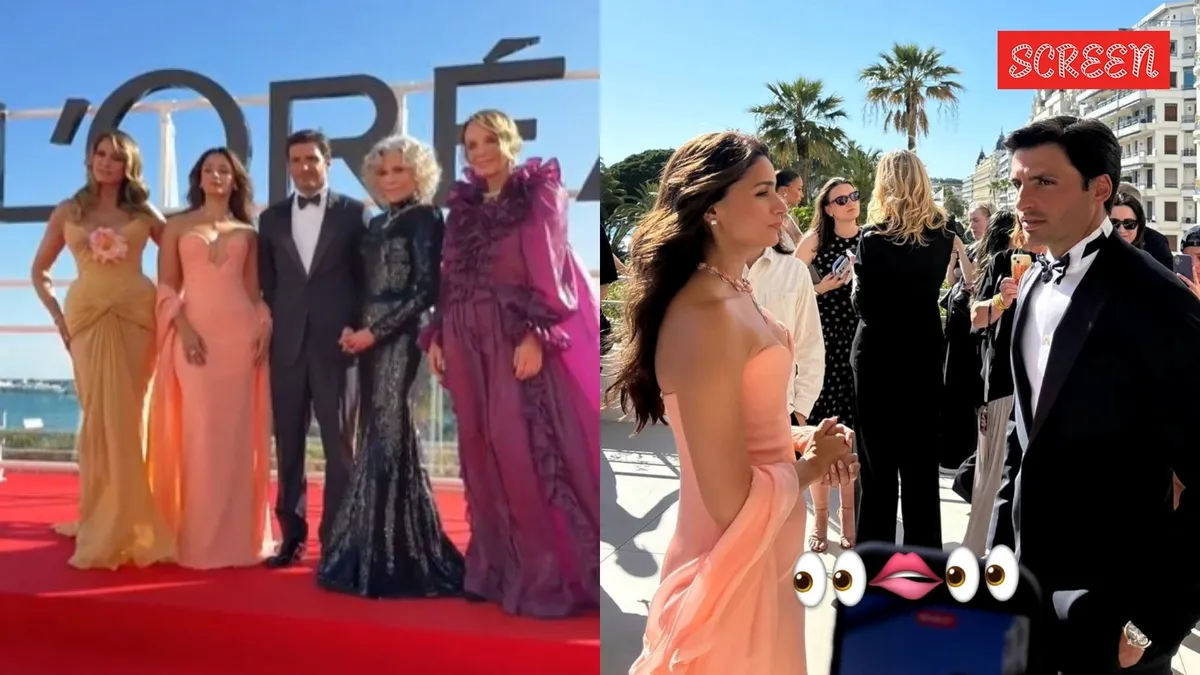Alia Bhatt smiling next to Carlos Sainz and Heidi Klum at a sunny event