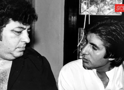 A vintage photo of Amitabh Bachchan and Amjad Khan smiling together on a film set.