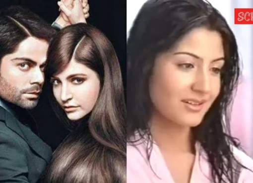 Young Anushka Sharma in a bright, vintage commercial, possibly with Virat Kohli in the background.