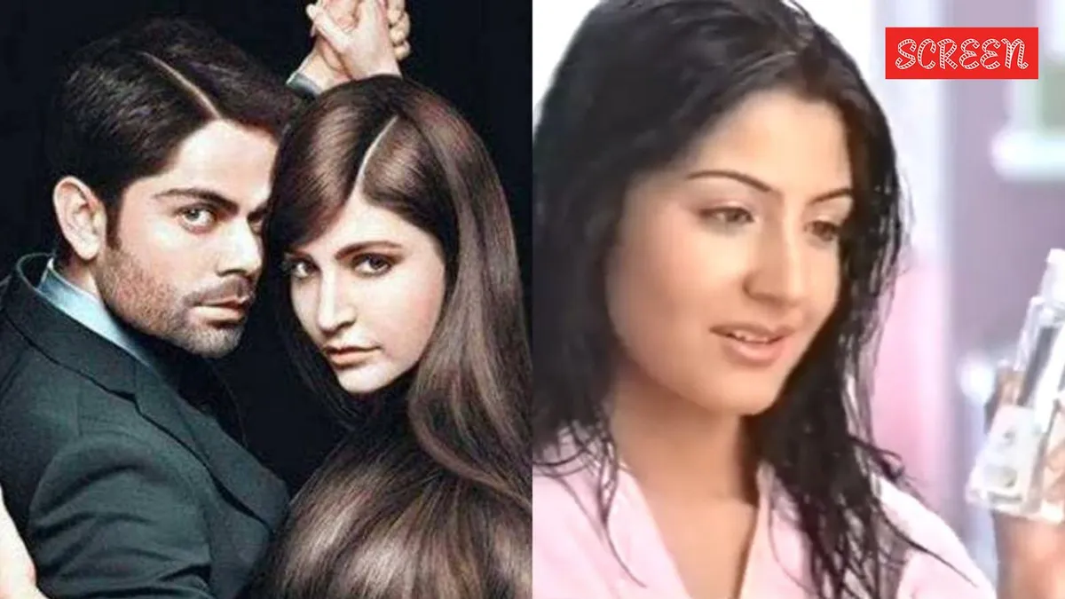 Young Anushka Sharma in a bright, vintage commercial, possibly with Virat Kohli in the background.