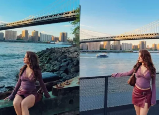 Avneet Kaur poses by the river in a purple lace top and mini skirt.