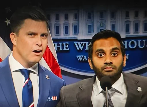 Aziz Ansari dressed as FBI Director Kash Patel in a comedic skit.