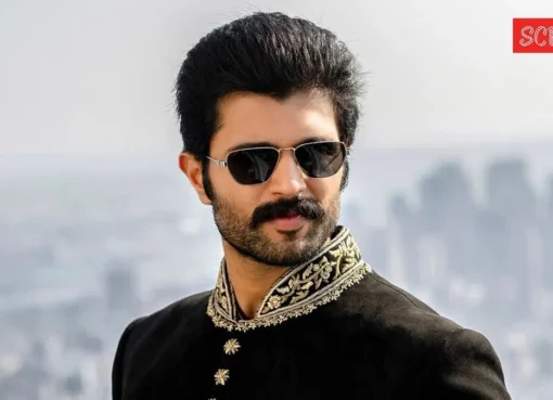 Vijay Deverakonda looking intense in a movie scene.