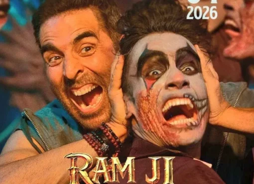 A still from the movie Bhooth Bangla showing spooky characters and dark, eerie colors.