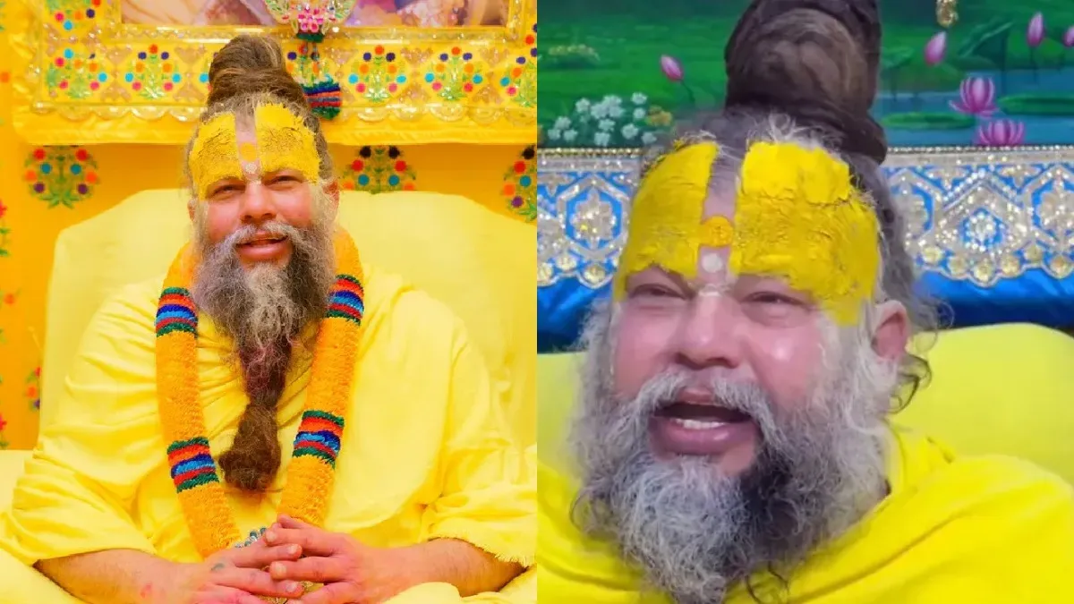 A serene portrait of Premanand Maharaj sitting calmly.
