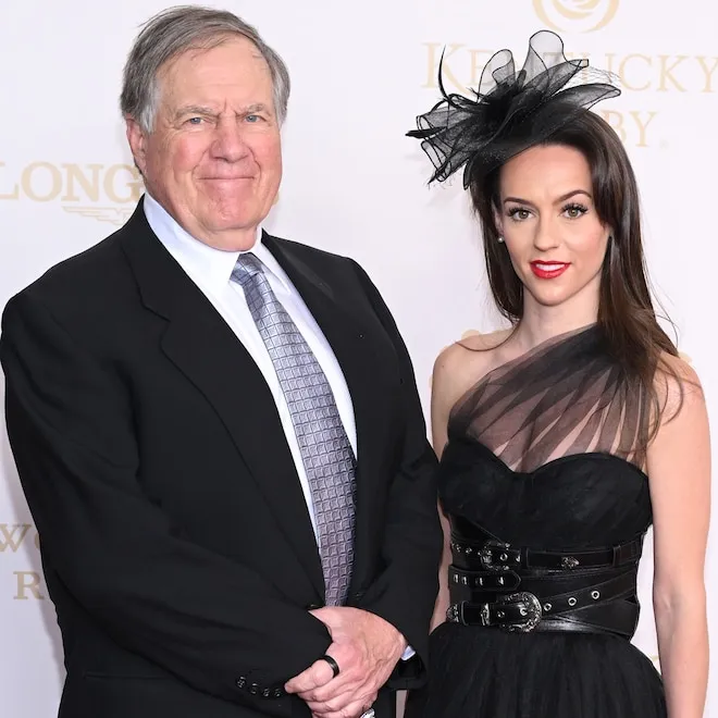 Bill Belichick and Jordon Hudson smiling together at the Kentucky Derby.