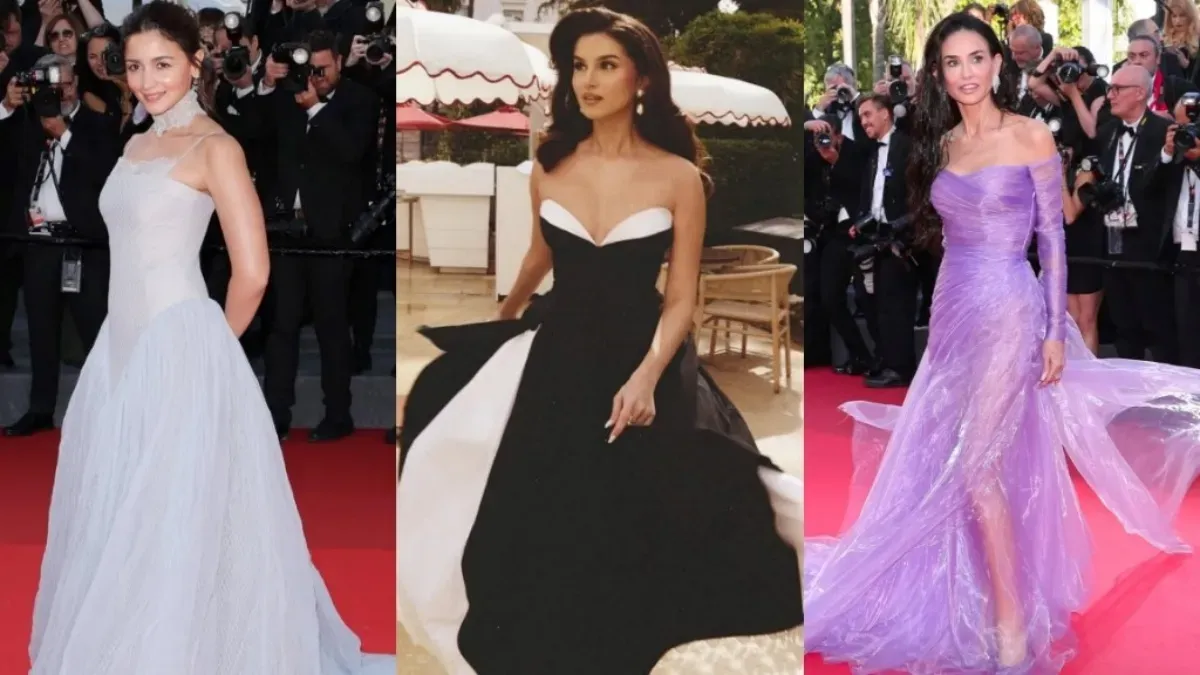 Celebrities posing on a red carpet at Cannes.