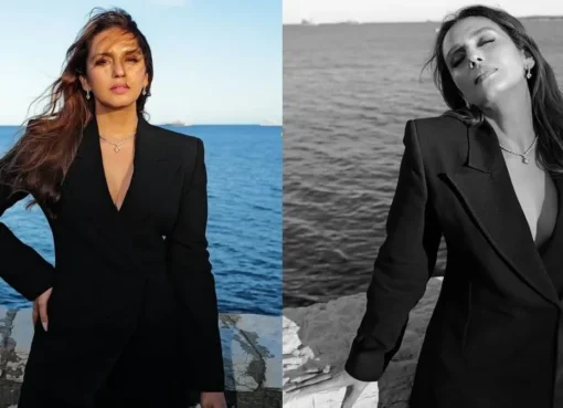 Huma Qureshi wearing a tailored monochrome suit at Cannes 2026.
