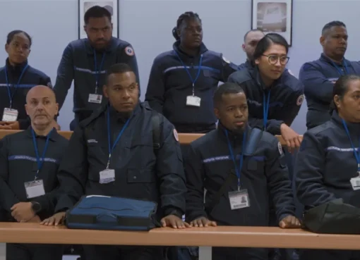 Trainees in uniform at a French prison officer academy, a scene from the documentary 'Detention'.