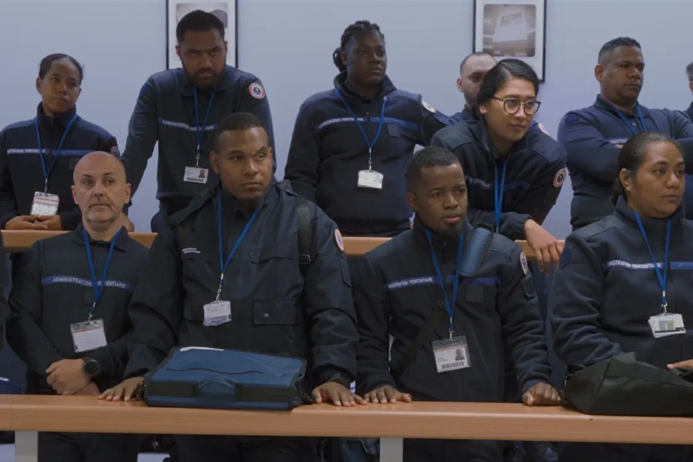 Trainees in uniform at a French prison officer academy, a scene from the documentary 'Detention'.
