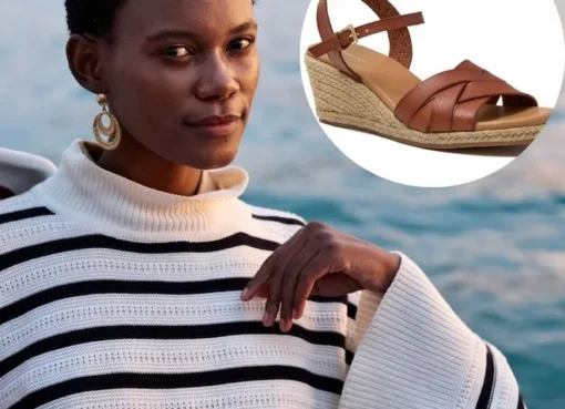 Model wearing a relaxed linen outfit with espadrille sandals.
