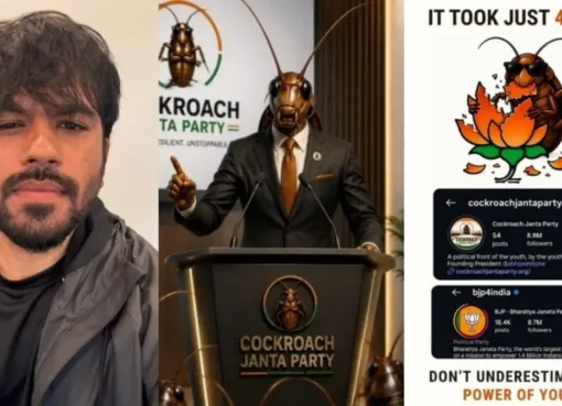 Close-up of a cockroach with a serious, almost political, expression, possibly wearing a tiny tie or badge.