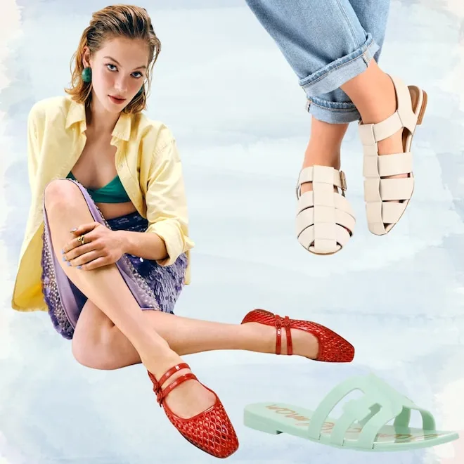 A display of colorful mesh flats and jelly sandals at DSW.
