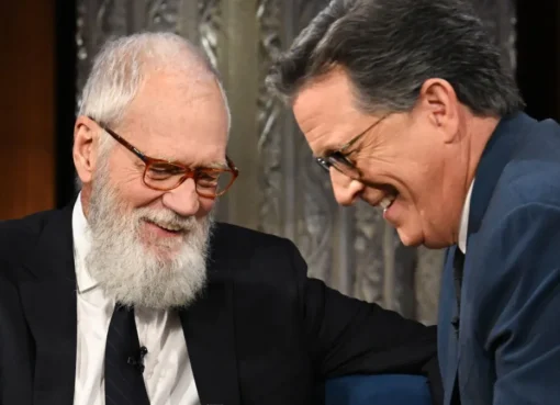 David Letterman looking serious during an interview about CBS