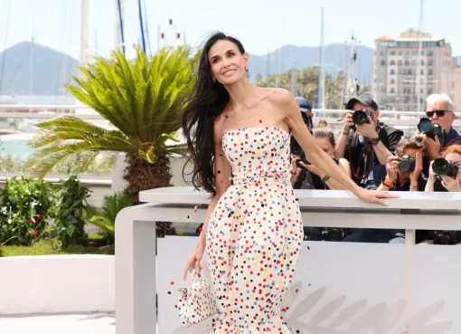 Demi Moore speaking at a press conference at Cannes.