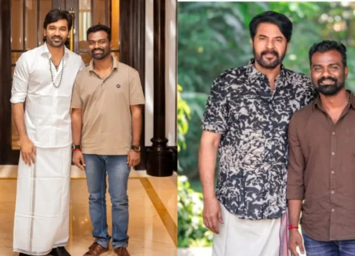 Dhanush and Mammootty during a movie shoot