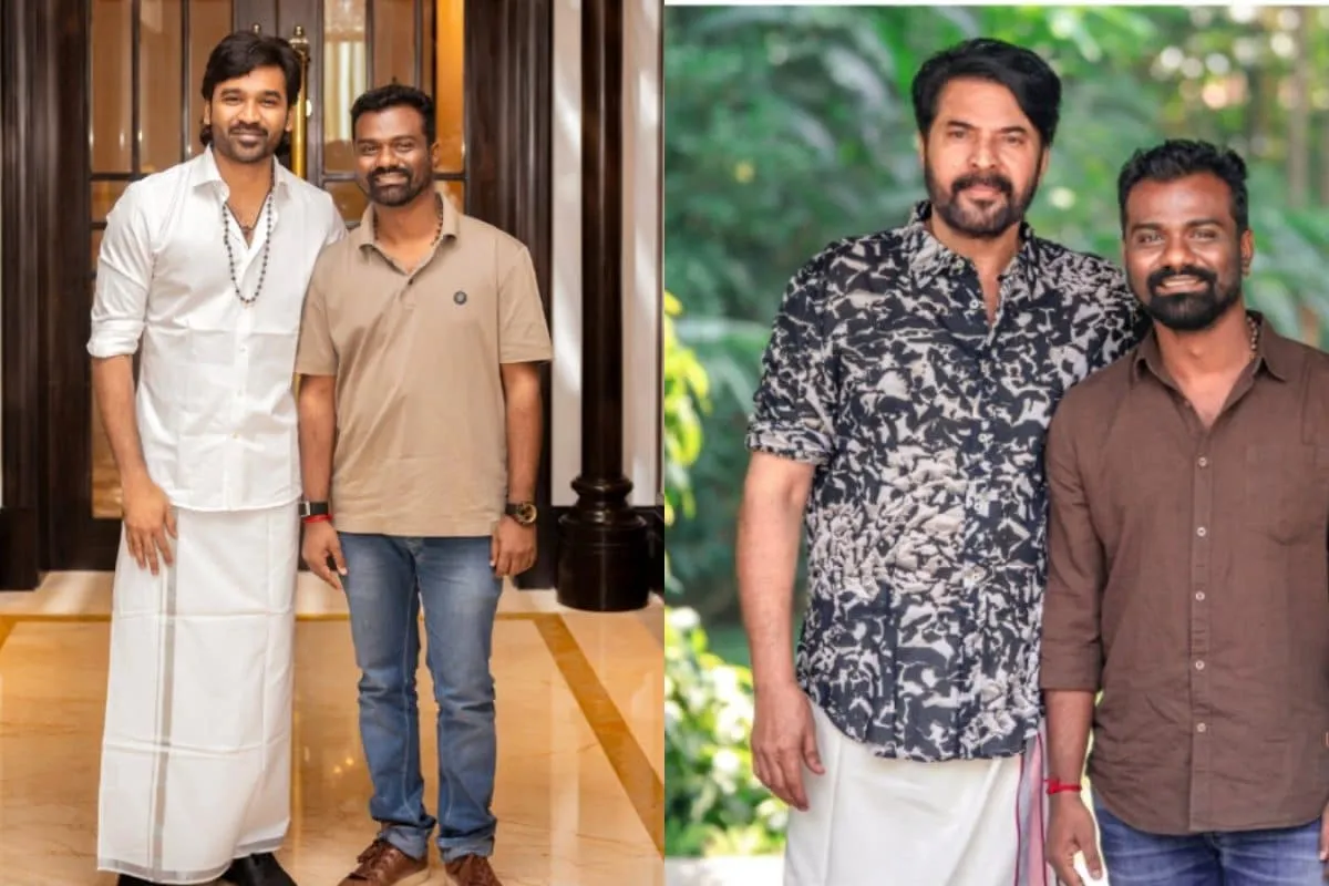 Dhanush and Mammootty during a movie shoot
