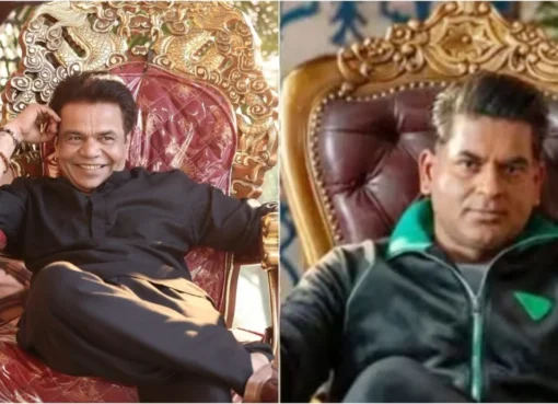 Rajpal Yadav looking expressive, possibly reacting to online news, with a thought bubble of Saurabh Dwivedi in the background.