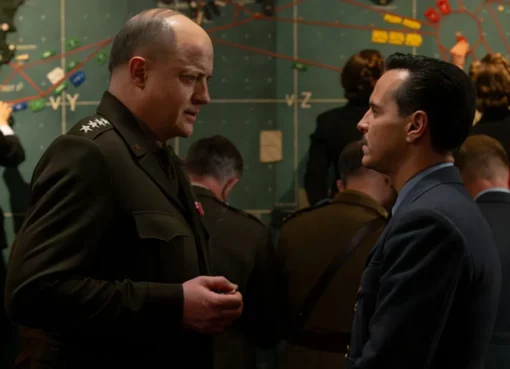 Andrew Scott and Brendan Fraser in a dramatic scene from the movie 'Pressure'.