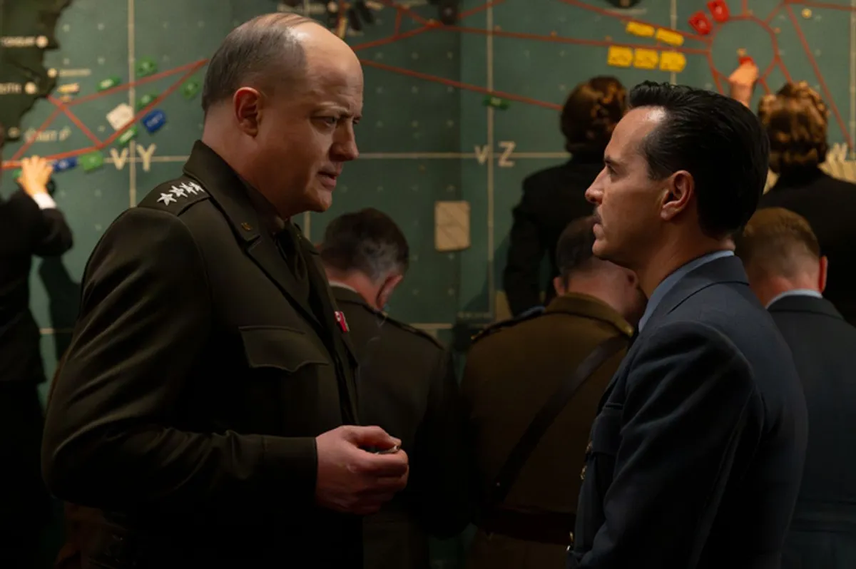 Andrew Scott and Brendan Fraser in a dramatic scene from the movie 'Pressure'.