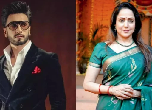 Split image: one side shows Farhan Akhtar and Ranveer Singh, the other shows Hema Malini and Dharmendra.