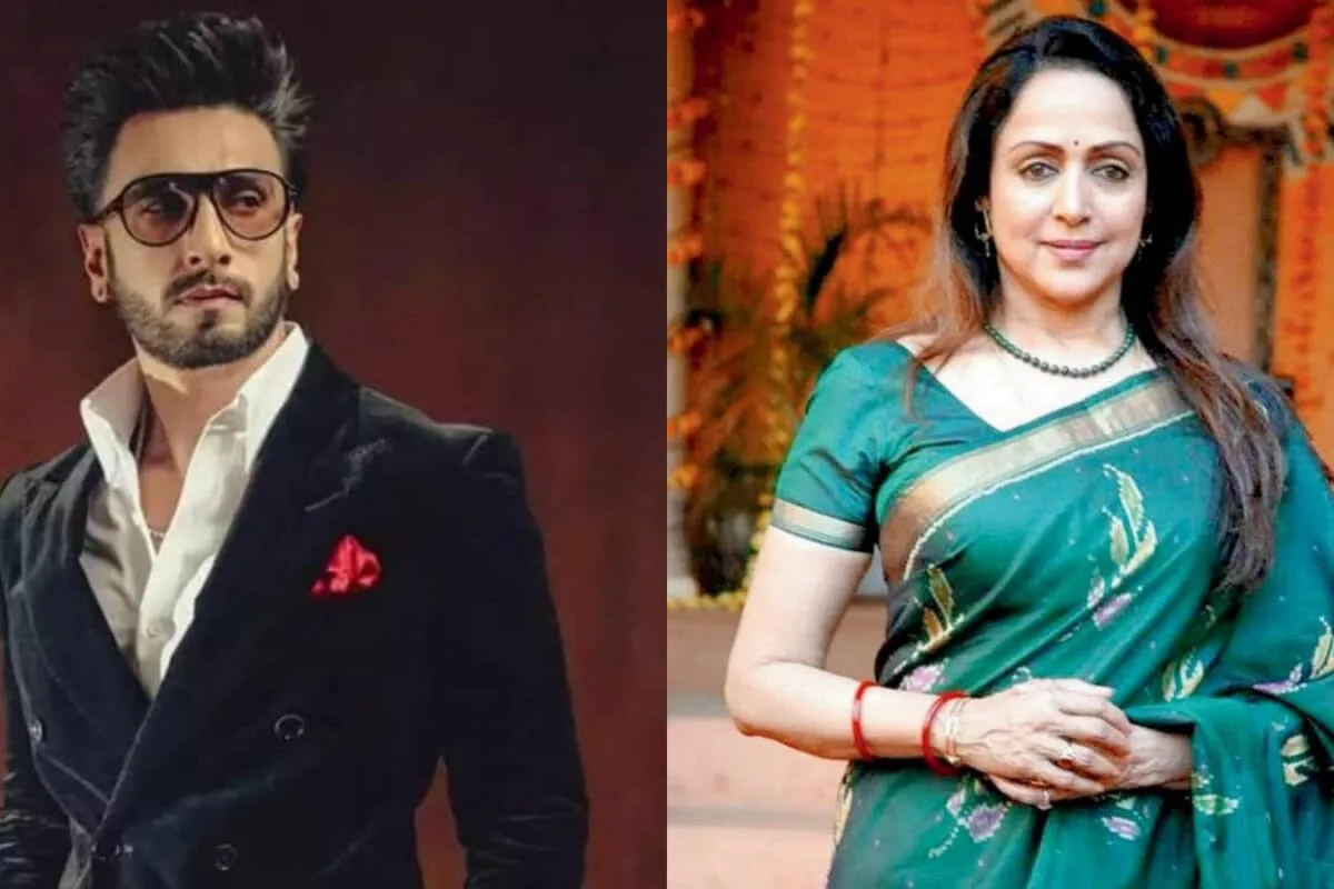 Split image: one side shows Farhan Akhtar and Ranveer Singh, the other shows Hema Malini and Dharmendra.