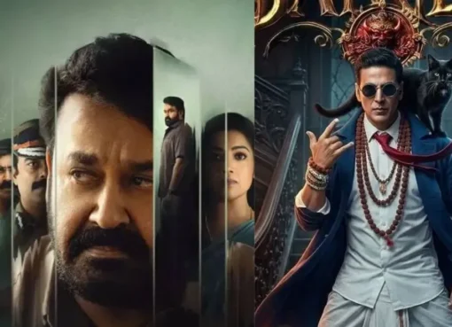 Dramatic movie poster for Drishyam 3, symbolizing a box office victory over Bhooth Bangla.