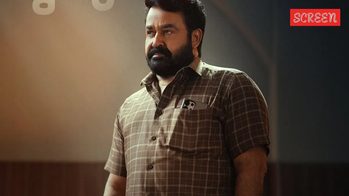 Mohanlal looking intense in a scene from Drishyam 3, with a serious expression.
