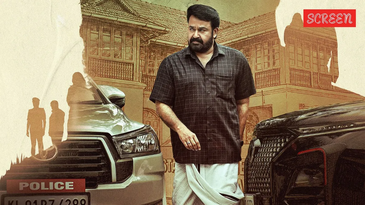 Mohanlal looking intense in a scene from Drishyam 3, possibly planning his next move.