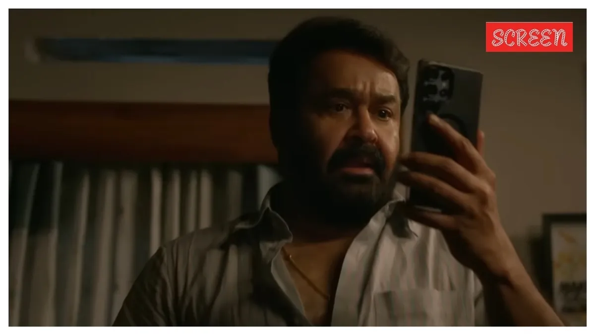A still from the Drishyam 3 trailer showing Mohanlal looking tense.