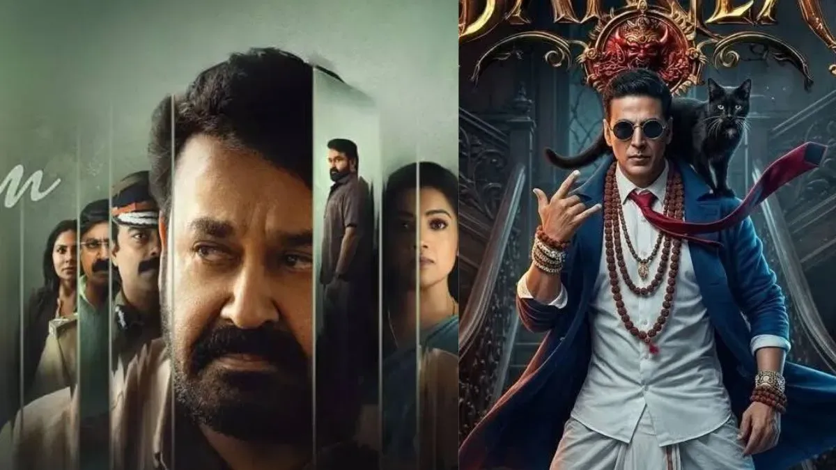 Two movie posters side-by-side: Drishyam 3 featuring Mohanlal and Bhooth Bangla with a spooky theme.