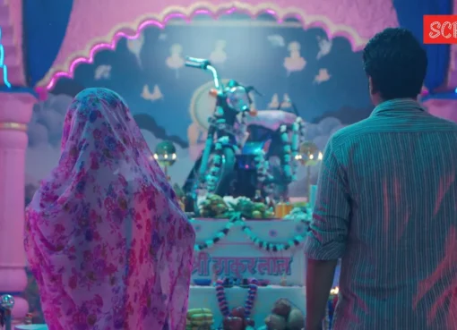 A decorated motorcycle in a colorful desert setting from the movie Dug Dug