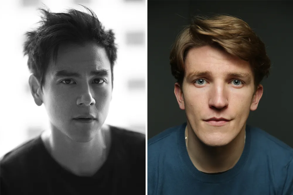 Headshots of Eddie Peng and Ewan Mitchell side by side looking serious.