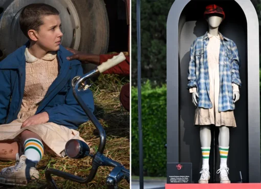 A photo of Eleven from Stranger Things wearing her pink dress and blonde wig