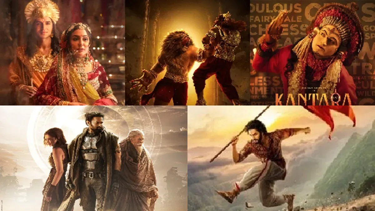 Promotional image showing a grand, colourful scene from a mythology-inspired Indian film, possibly featuring a heroic figure or deity.
