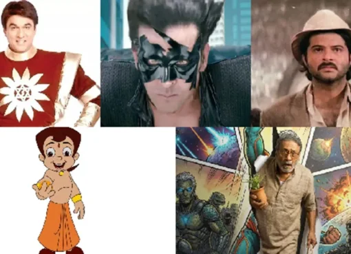 A collage showing different Indian superheroes from various eras, from classic depictions to modern, gritty versions.