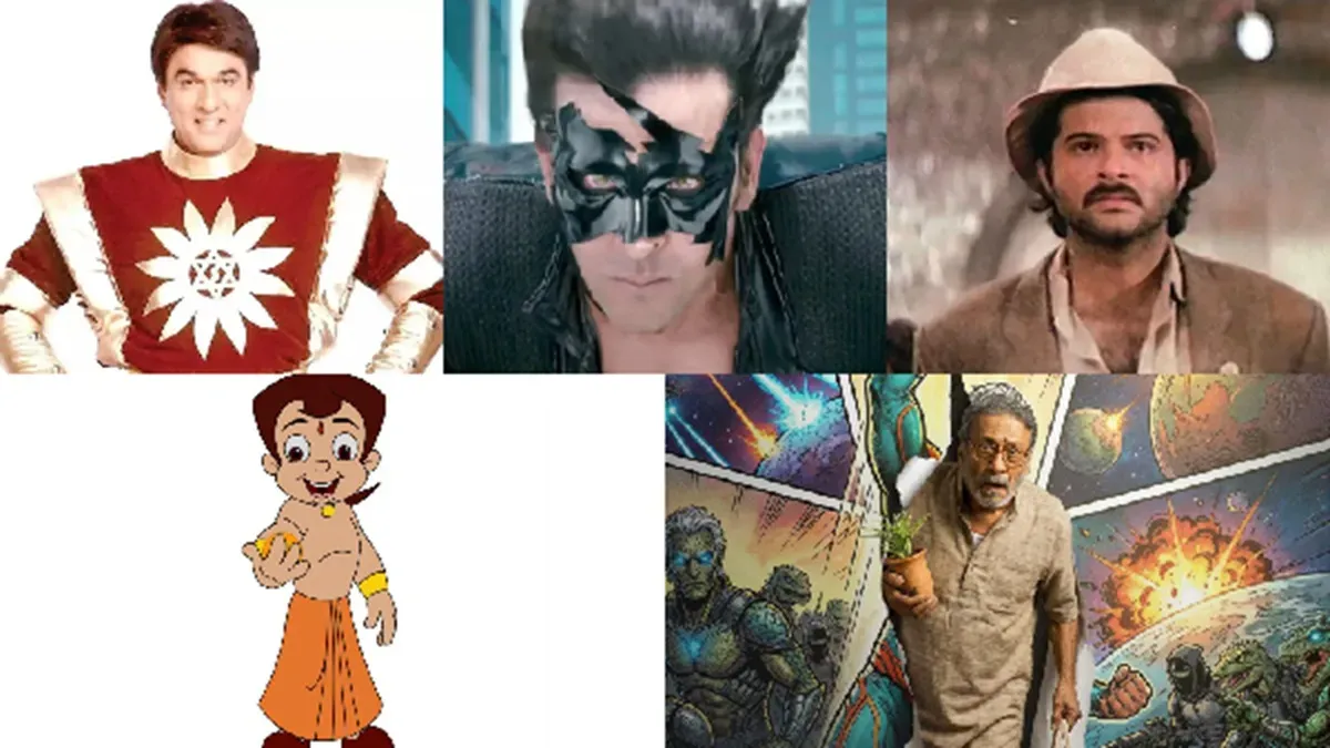A collage showing different Indian superheroes from various eras, from classic depictions to modern, gritty versions.