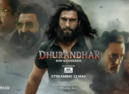Ranveer Singh looking intense in a scene from the movie Dhurandhar
