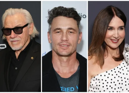 Harvey Keitel, James Franco, and Elsa Zylberstein smiling at a film festival in Sardinia.