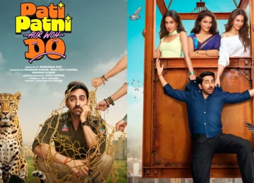 Ayushmann Khurrana and Sara Ali Khan in a playful scene from Pati Patni Aur Woh Do.