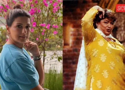 Saroj Khan in a colorful saree, with a determined expression, and Sonali Bendre looking surprised on a movie set.