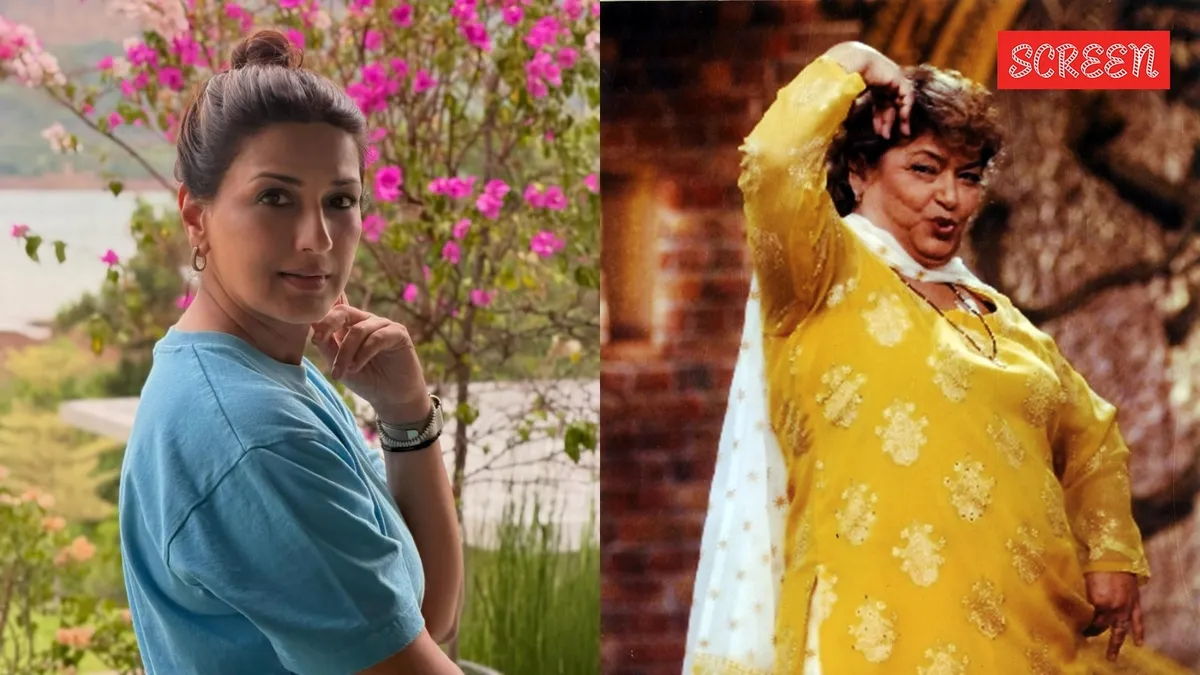 Saroj Khan in a colorful saree, with a determined expression, and Sonali Bendre looking surprised on a movie set.