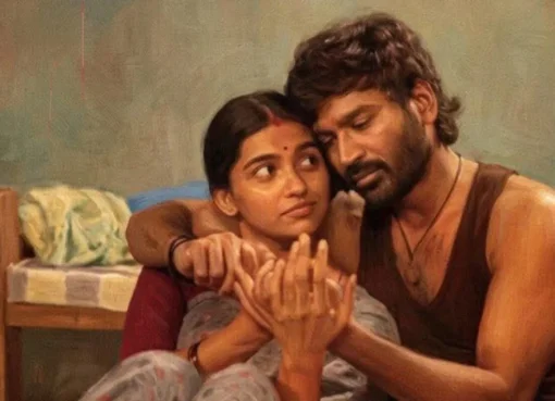 Dhanush and Mamitha Baiju looking serious and intense, perhaps in a scene from their new movie 'Kara'.