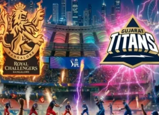 Two cricket teams, Royal Challengers Bengaluru and Gujarat Titans, playing in a stadium.